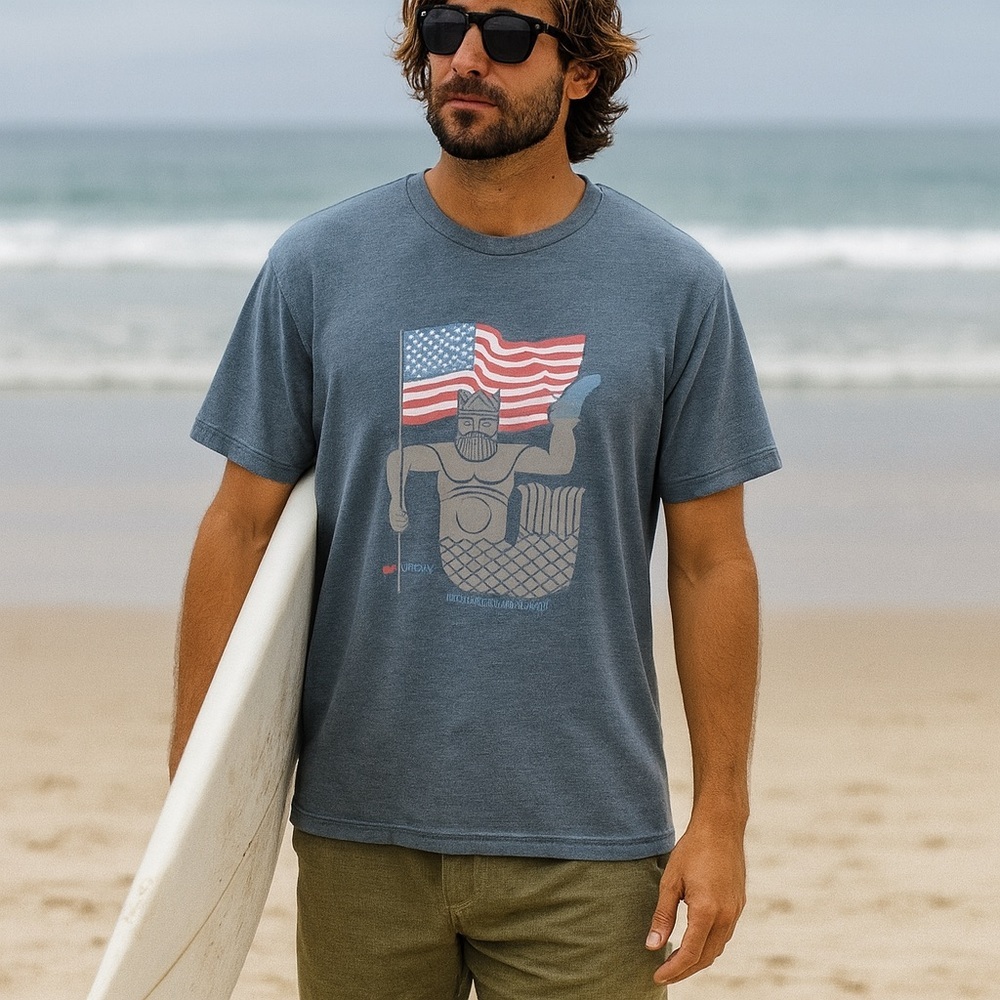 Y2K Cova‎ Blue Merman American Flag Basic Tee Comfort Surfer Lounge Men's S